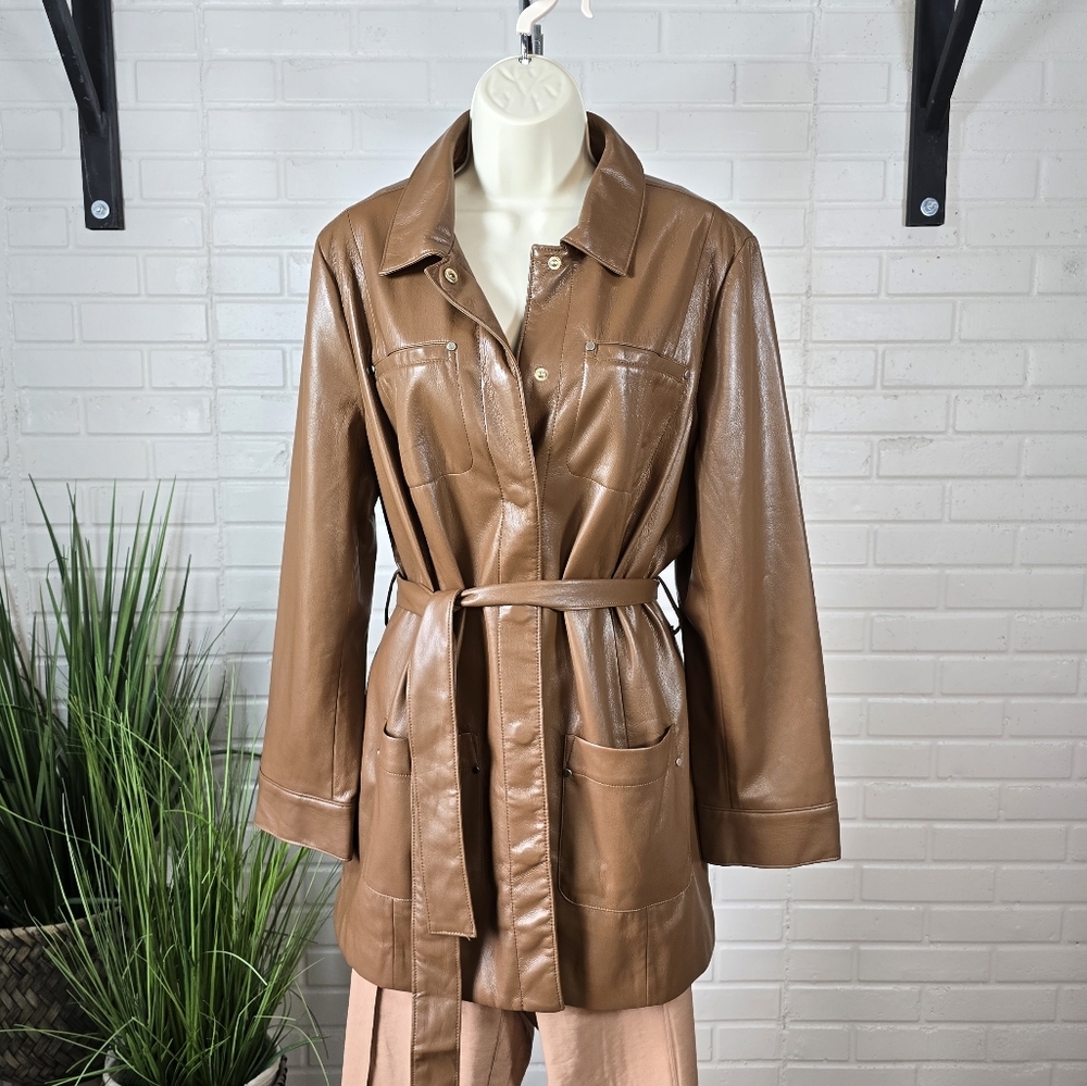 NWT Chicos Brown Coated Vegan Leather Utility Jacket Size 2 - Picture 8 of 12
